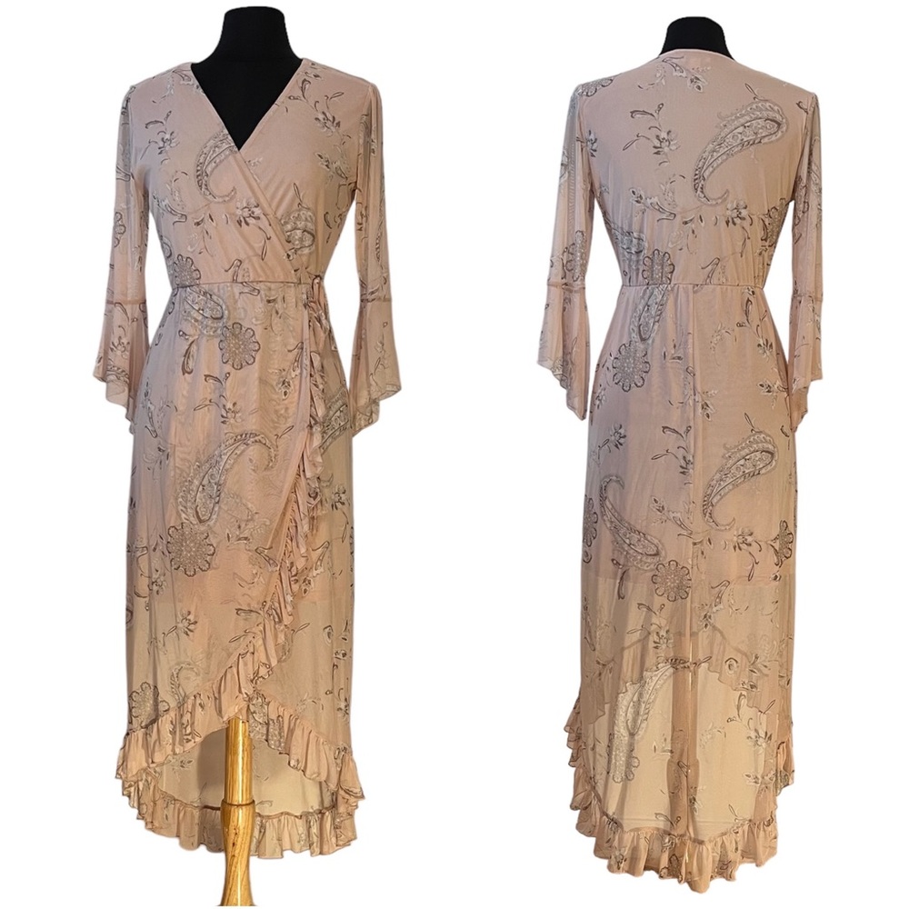 High-Low Peach Paisley Ruffle Hem Dress